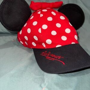 Disney Parks Minnie Mouse Youth Hat Red Polka Dot Ears Bow Snapback Cap